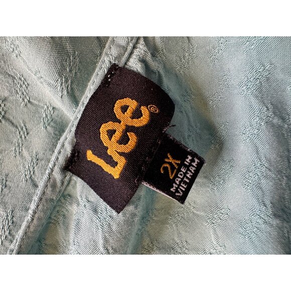 Lee Blouse Cap Ruffle Sleeve Tie Neck Size 2X Teal Green Texture Blouse Tank EUC - Picture 5 of 6